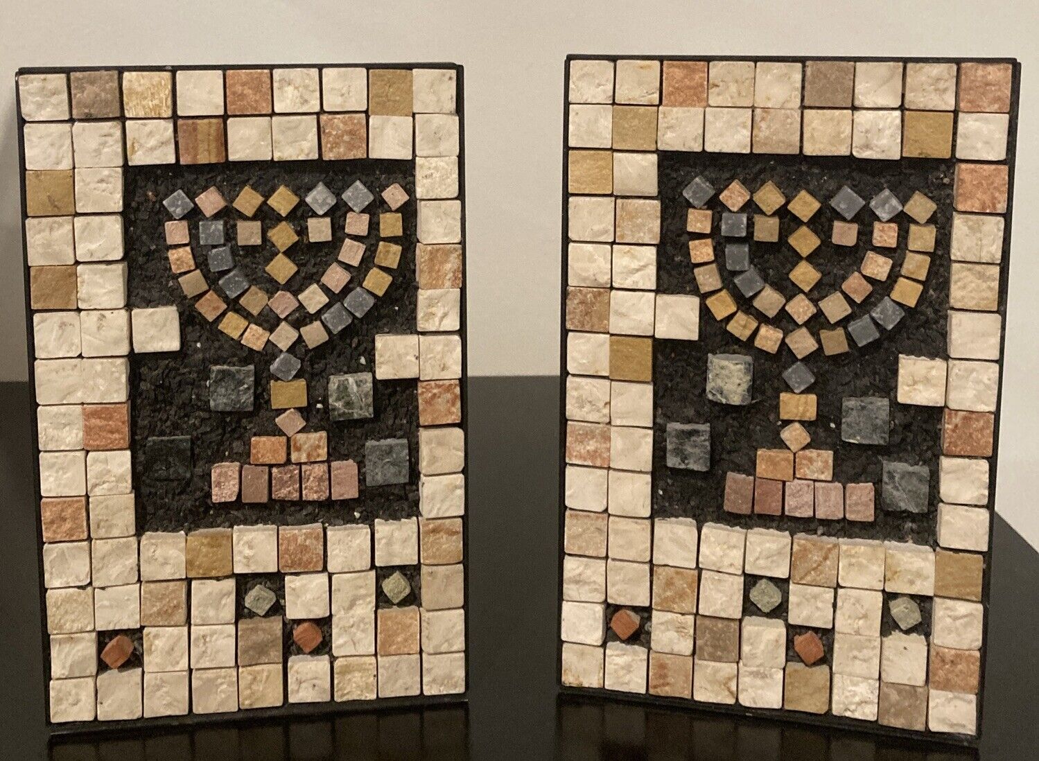 Israeli Eilon Vintage Bookends Mosaics Menorah Natural Tile, Metal And Stone