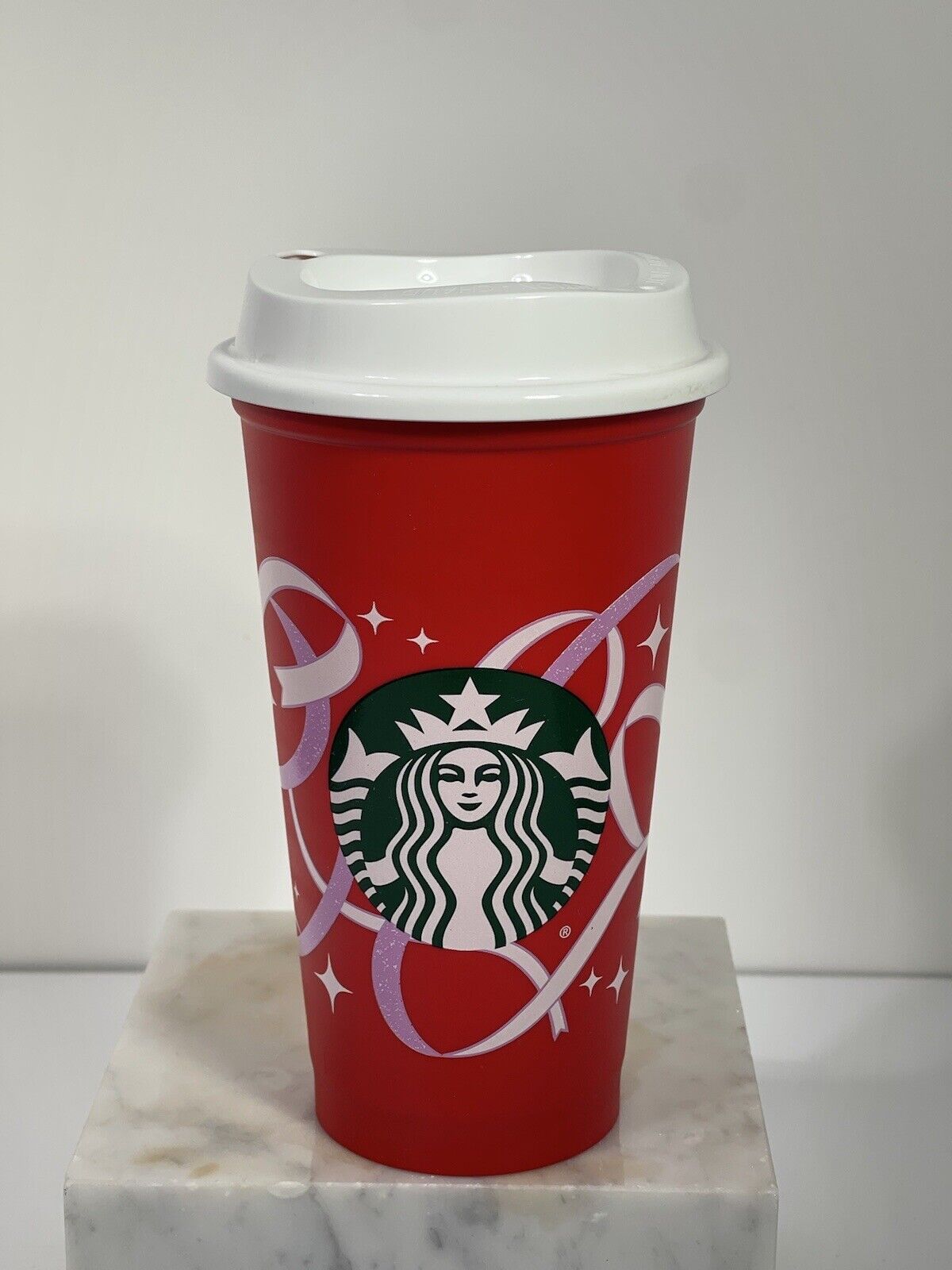 Starbucks 2021 Red Cup Reusable 16oz Grande Ribbon Christmas 50th Anniversary.