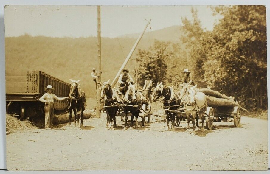 RPPC Occupational LUMBERJACKS Climber Hauling Logs by Horse & Wagon Postcard P6
