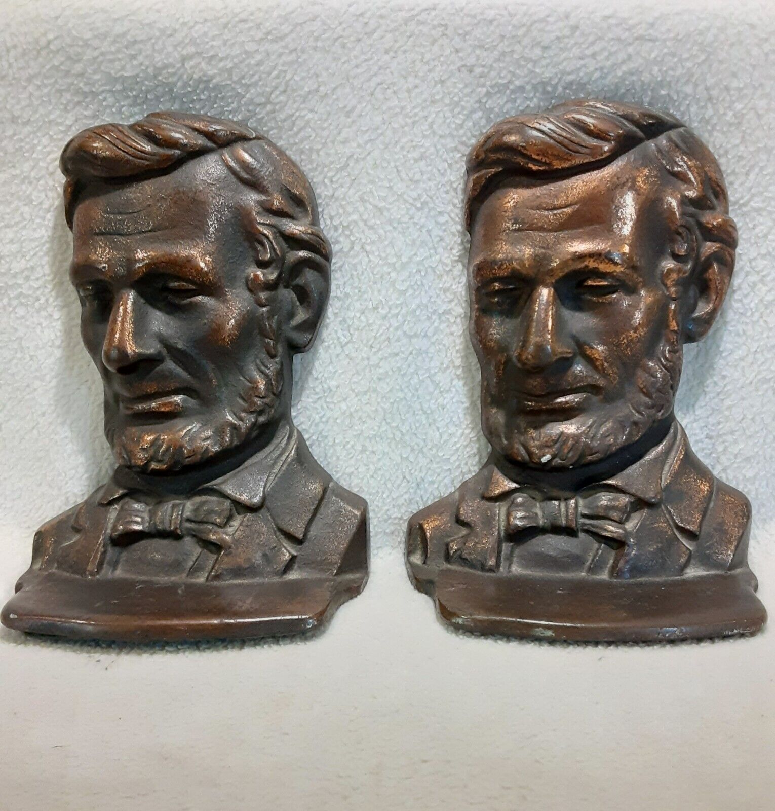 Vintage Pair Of Abraham Lincoln Copper Washed Cast Iron Metal Bookends