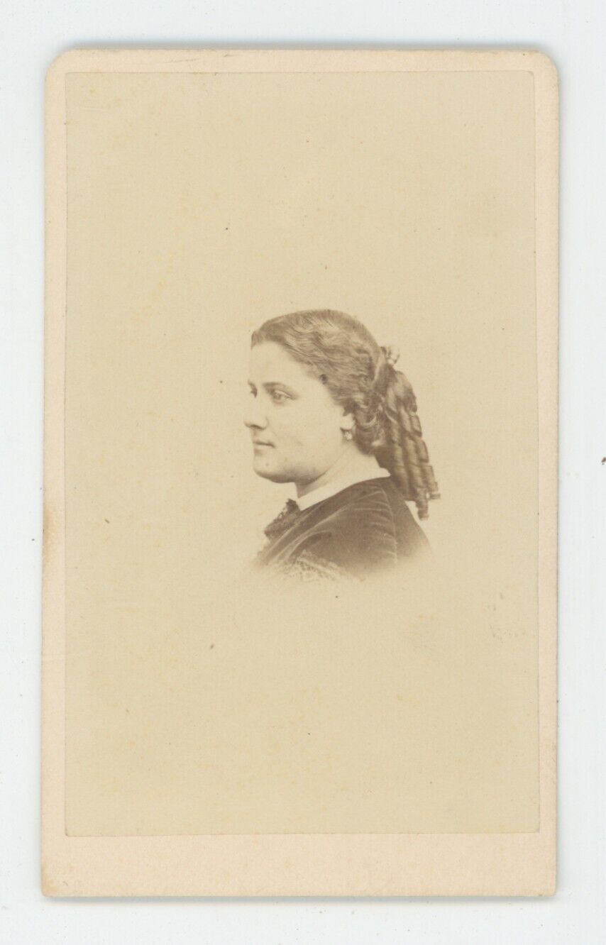Antique CDV Circa 1860s Lovely Young Woman With Long Curls  Black Newport, RI