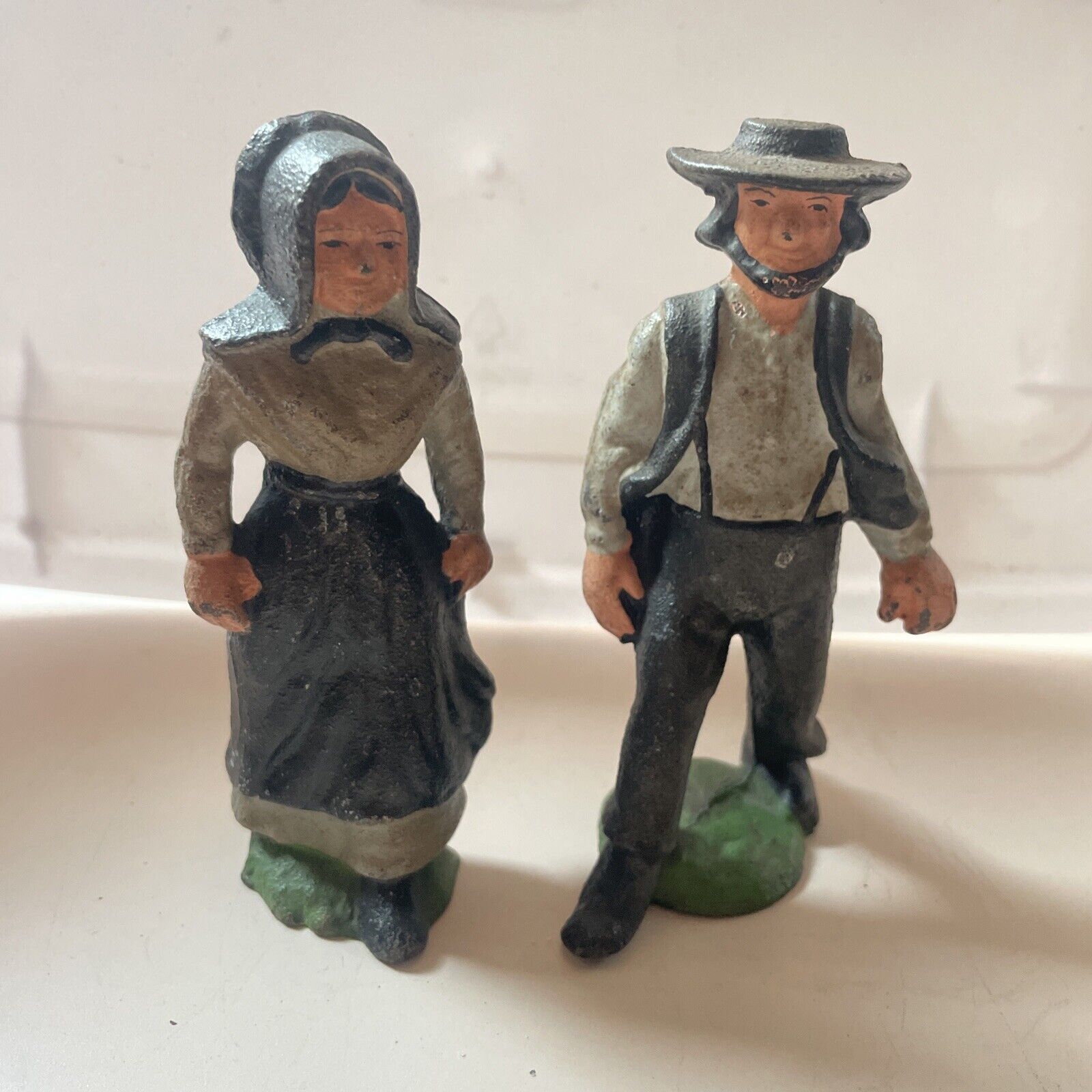 Vintage Early 20th Century Amish Cast Iron Mennonite Man & Woman Hand Painted 