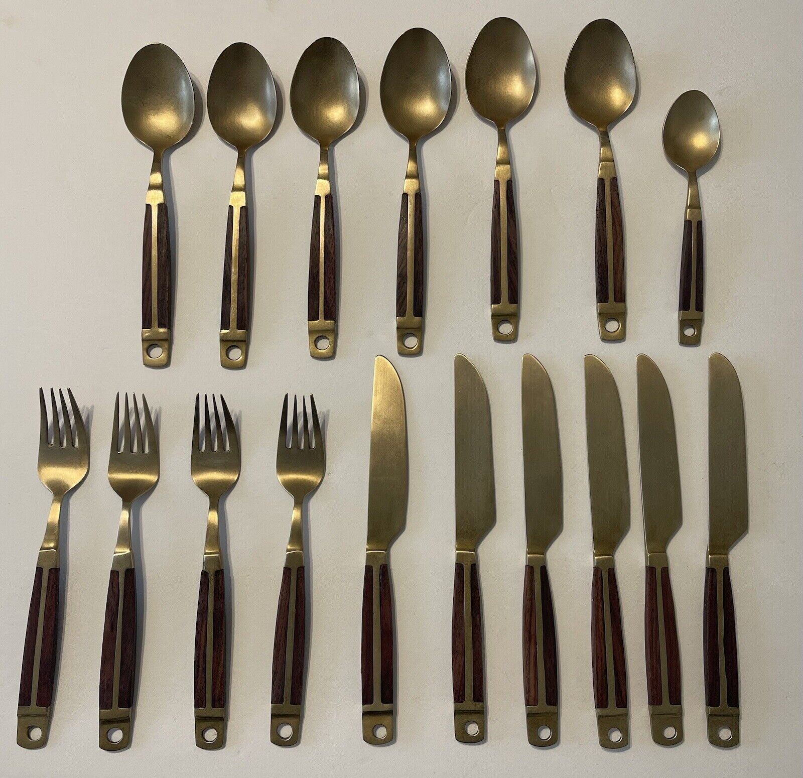 Vintage Set 17 pc Rosewood Wood Brass MCM Modern Flatware Spoons Knives Forks