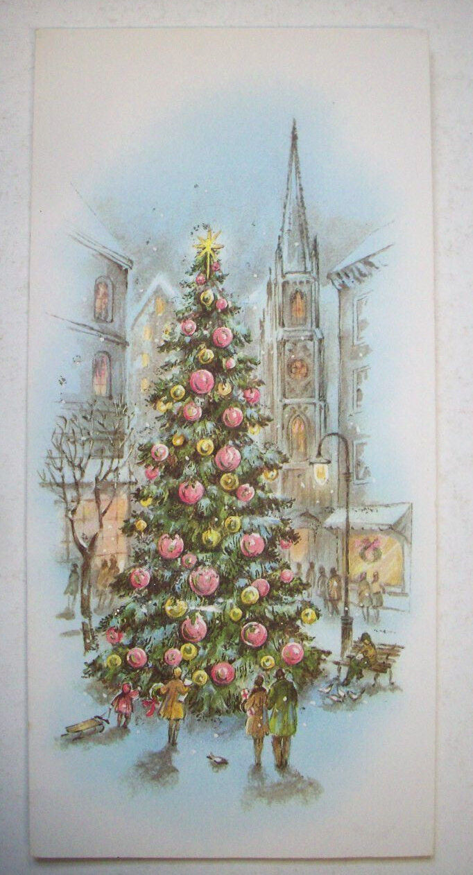 Huge decorated city center tree glitter vintage Christmas greeting card *3L