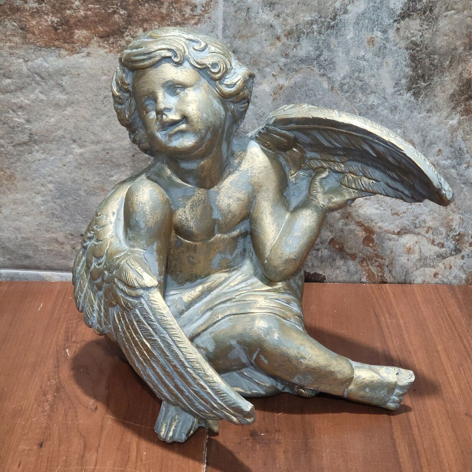 Gold Resin Shelf Sitting Cherub Angel Figure Gold Faux Aged Patina