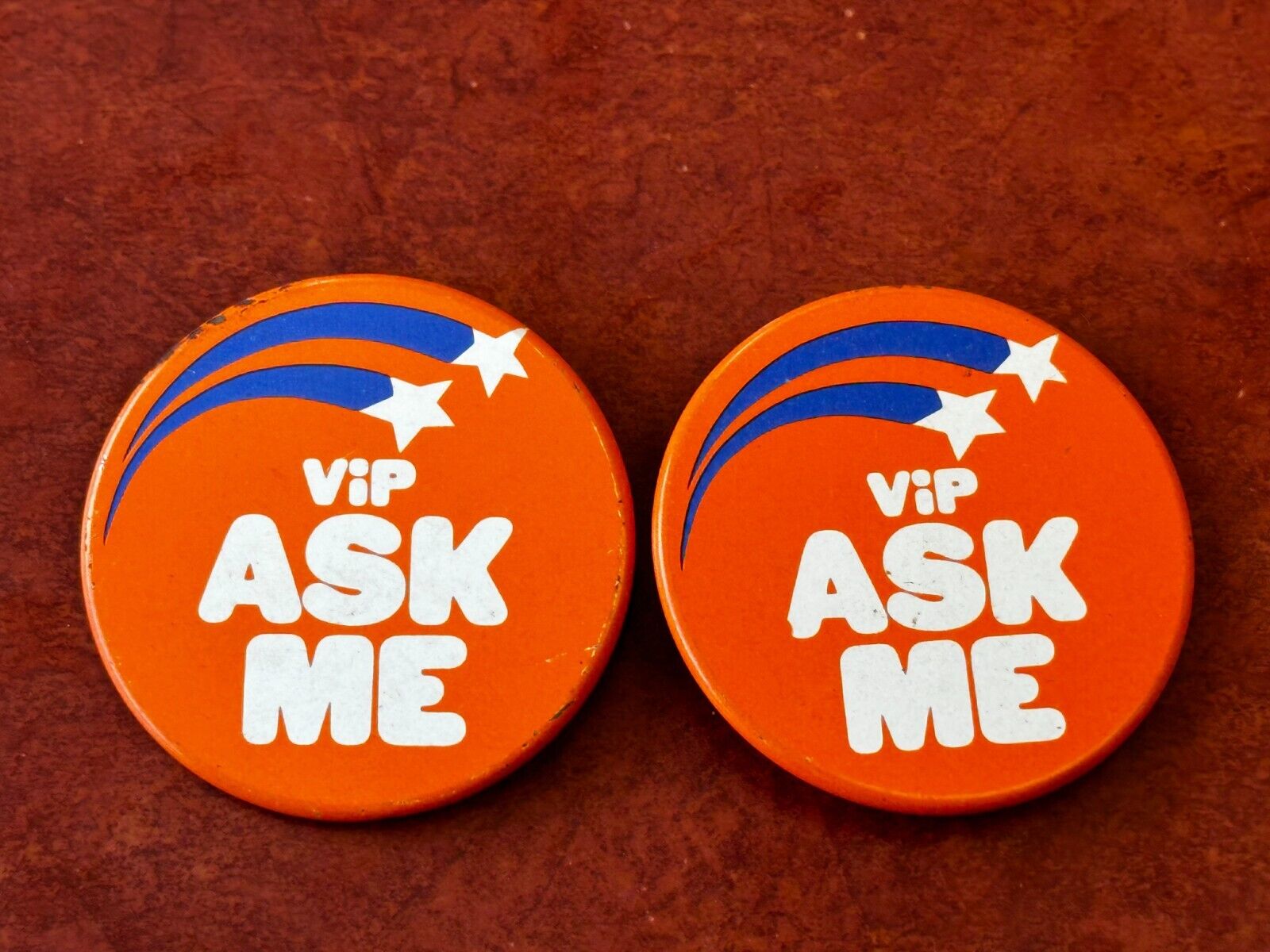 VIP Ask Me Pinbacks Button Orange Promotional Event Set of 2
