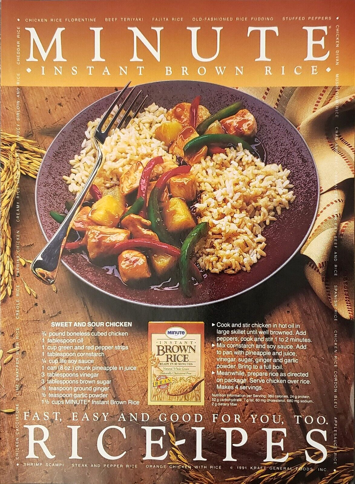 1991 Minute Instant Brown Rice Sweet & Sour Chicken Recipe Fast Easy Print Ad