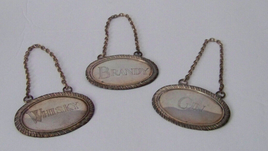 Lot of 3 Silver Plate Decanter Label on Chain Brandy Gin Whiskey