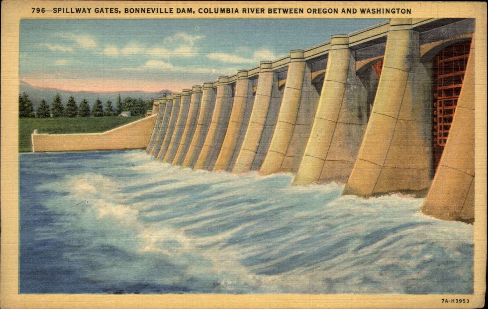 Bonneville Dam Oregon ~ Spillway Gates ~ Columbia River ~ linen postcard sku031