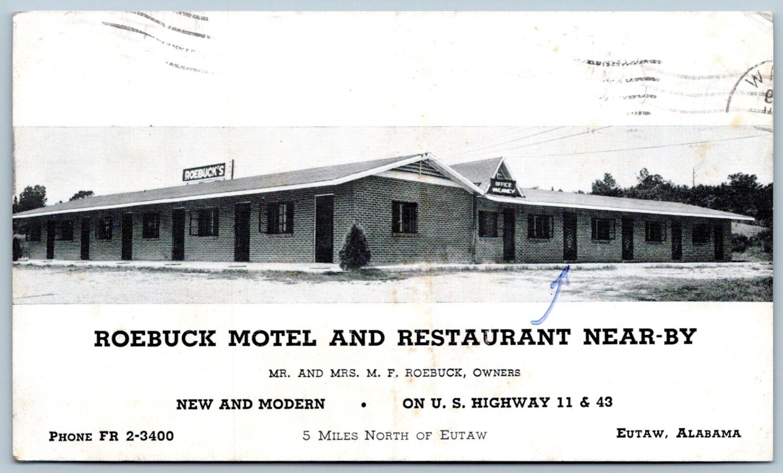Postcard AL Eutaw Alabama Roebuck Motel US Highway 11 & 43 Greene County B63