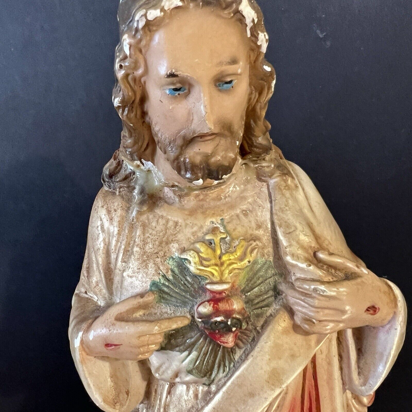 Jesus Sacred Heart Statue Vintage Plaster Made Italy Repaired Hand Painted 12\