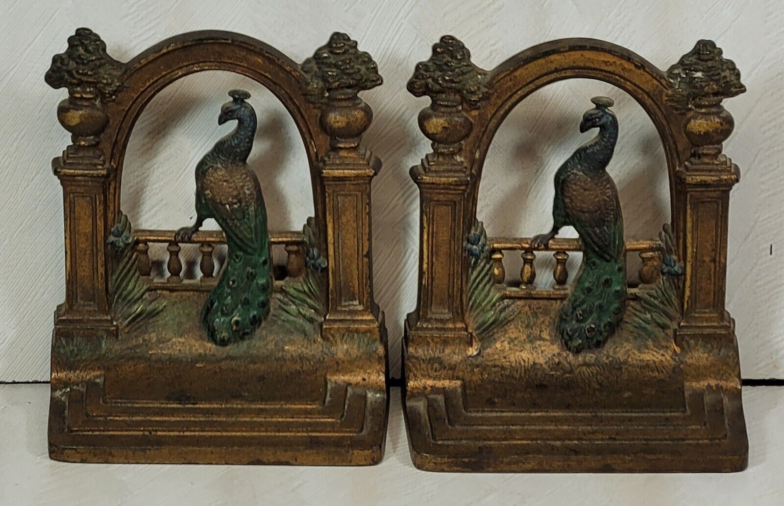 Antique Pair B&H Bradley Hubbard Peacock Cast Iron Bookends