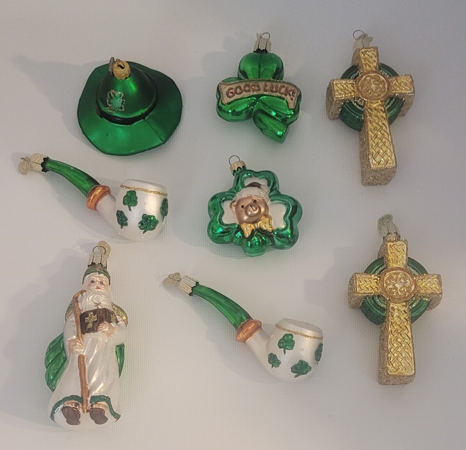 8 Vintage Old World Christmas St. Patrick's Day Glitter Glass Ornaments