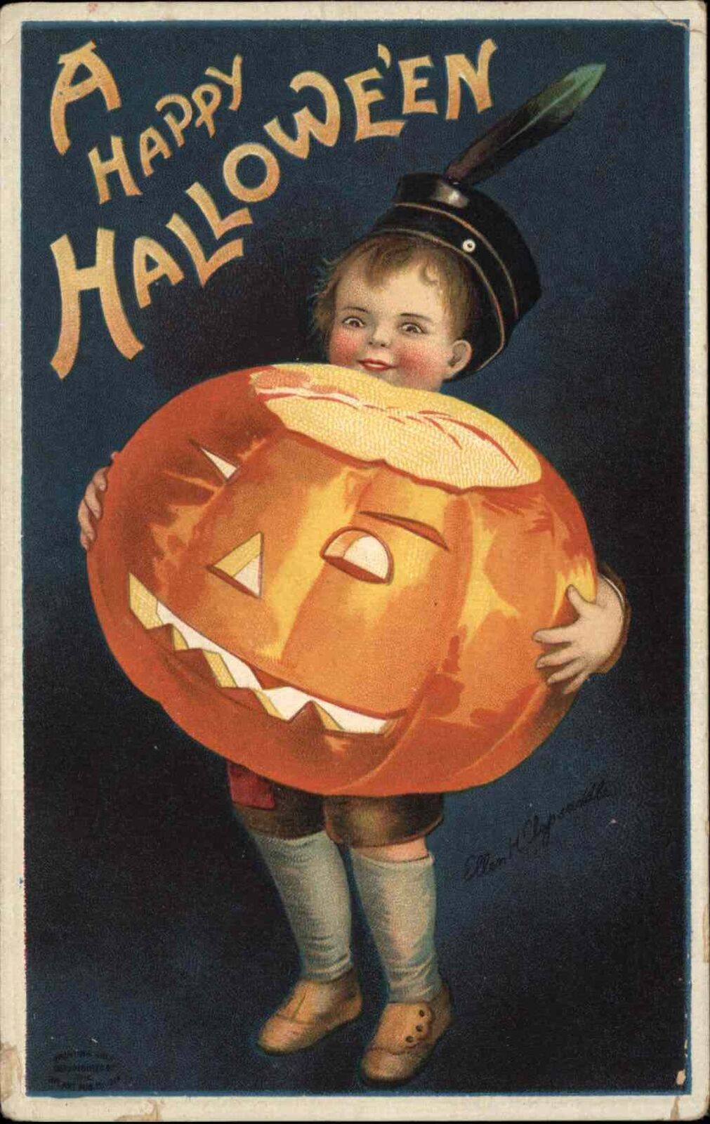 Halloween Ellen Clapsaddle Boy Holding Huge JOL c1910 Postcard