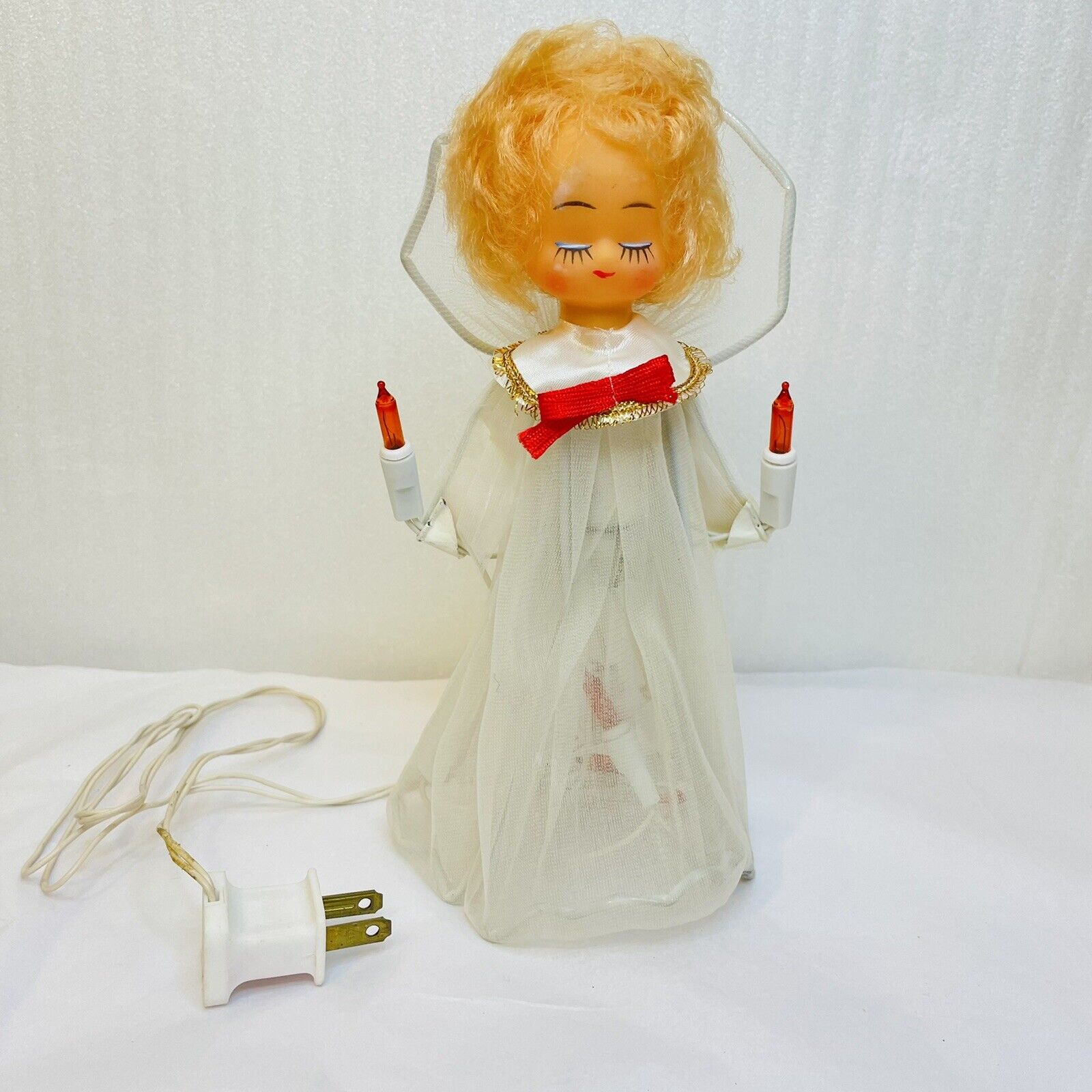 Vintage Stockinette 1960s Christmas Angel Lighted Tree Table Topper Candle Light