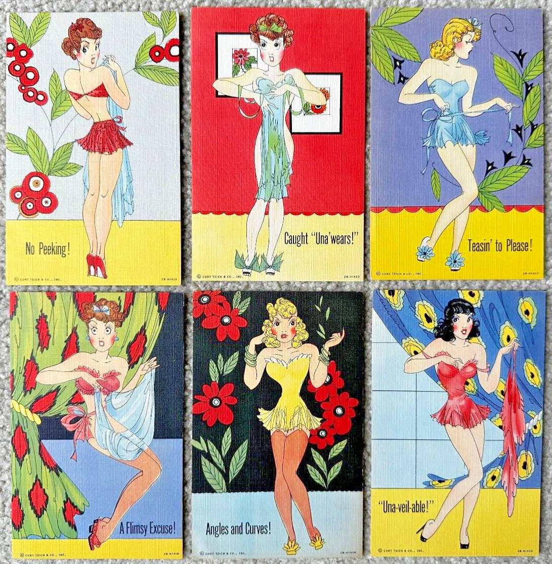 Six Linen Postcards Pinup Pin-Up Girls