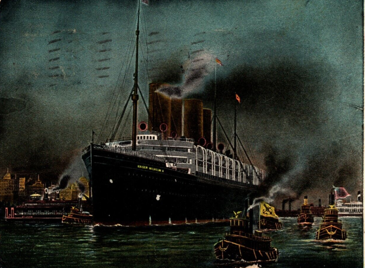 c1904 Harbor Scene New York SS Kaiser Wilhelm II Passenger Ship ANTIQUE Postcard