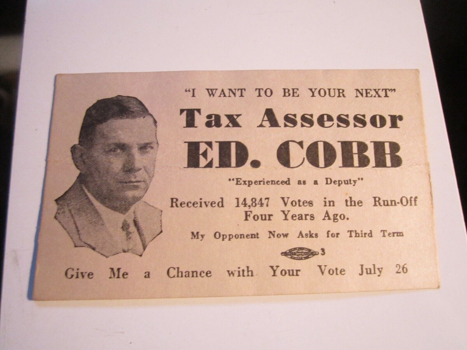 1950'S ED COBB TAX ASSESSOR POLITICAL ADVERTISING BUSINESS CARD - BBA-45