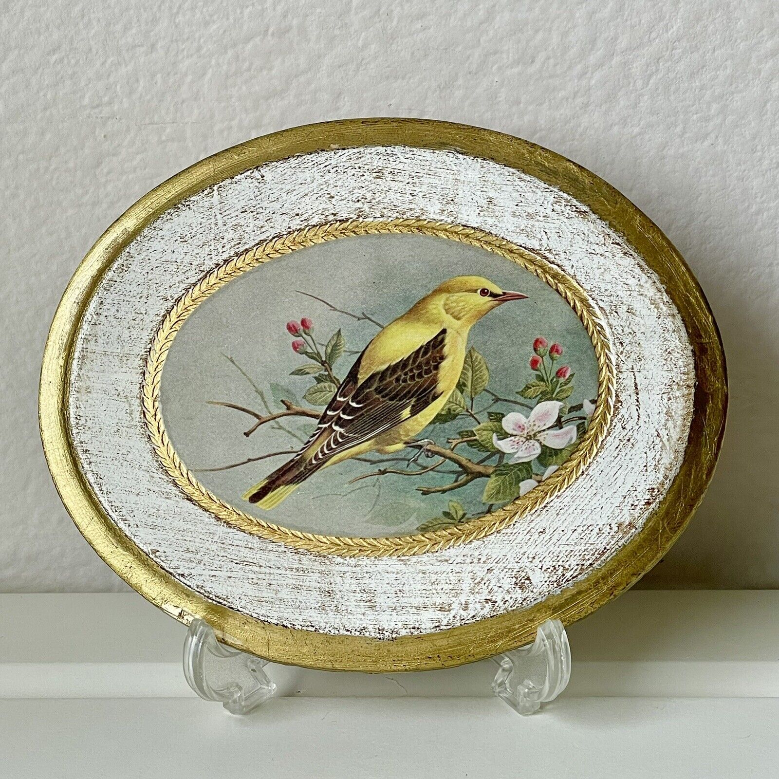 Vtg Italian Florentine Gilt Wood Oval Wall Plaque Golden Oriole Bird Print 6\