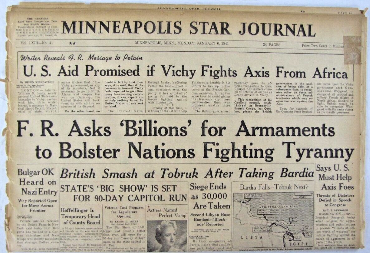 Vintage 1941 FDR President Roosevelt /  Military Aid Newspaper