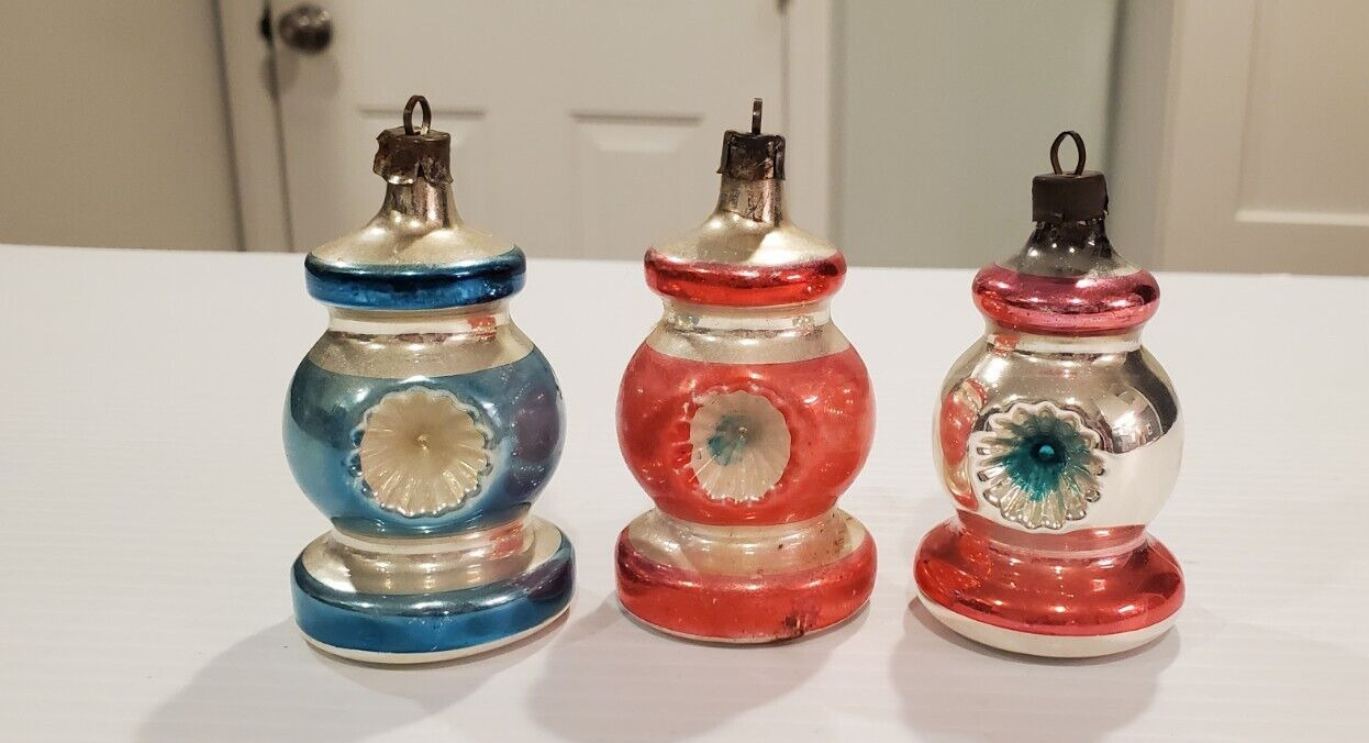 3 Vintage Premier Double Indent Railroad Lantern Glass Ornaments