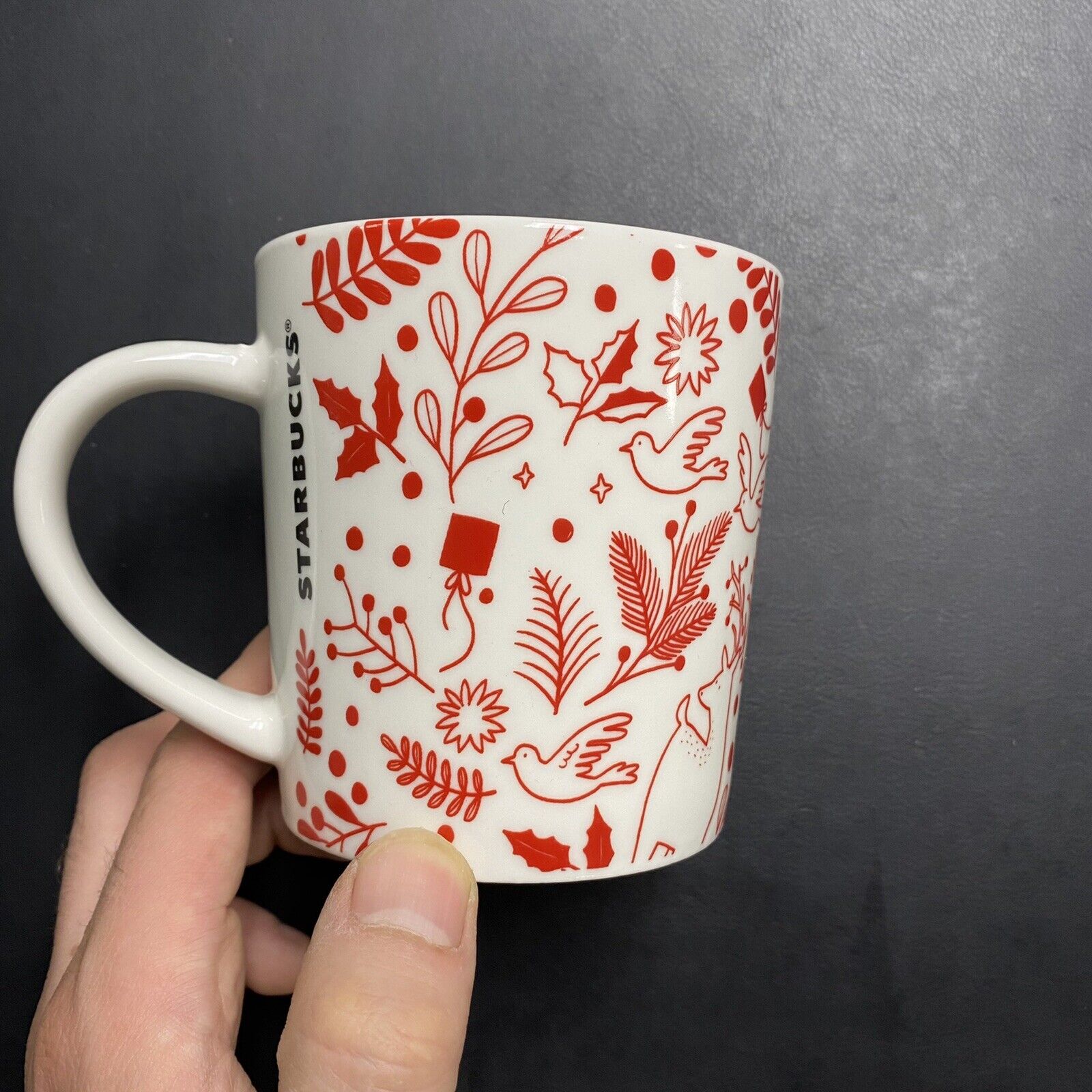 Starbucks Coffee Red & White Holiday Coffee Mug Cup Dove Deer Christmas