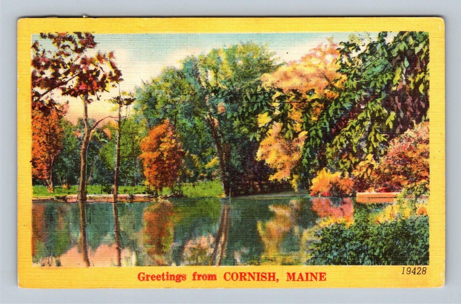 Cornish Me, Greetings, Scenic Autumn Mirror Lake View Linen Maine c1950 Postcard