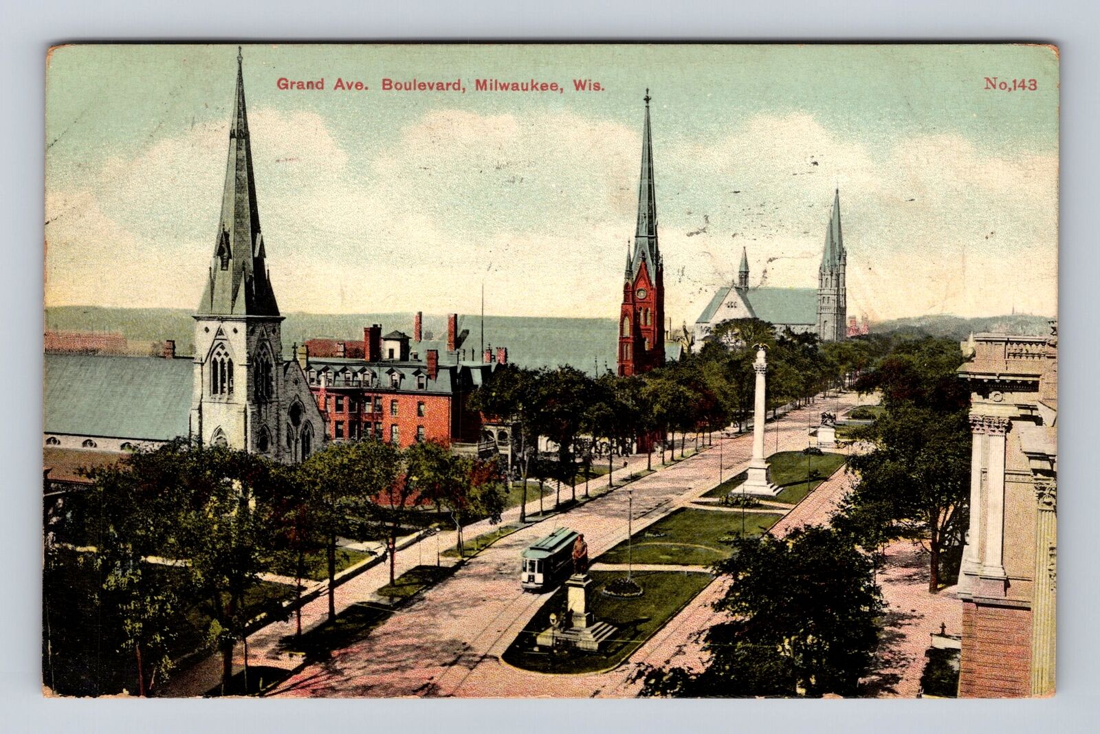 Milwaukee WI-Wisconsin, Grand Avenue Boulevard, Antique Vintage Postcard