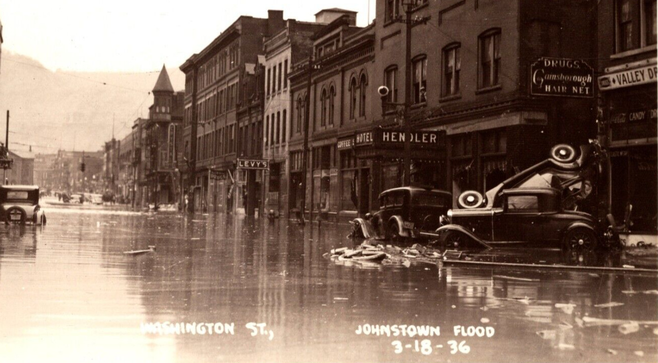 c1936 RPPC Flood Damage Classic Car Flipped Washington St. JOHNSTOWN PA Postcard