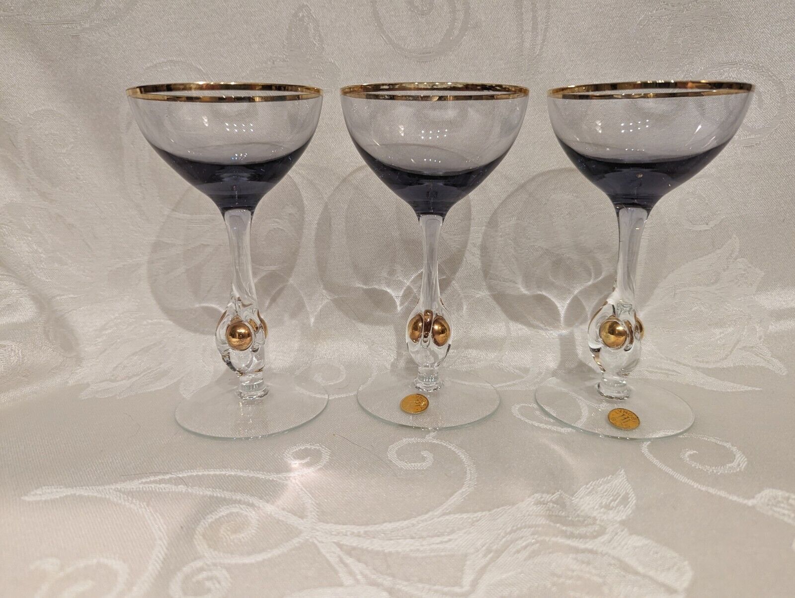 Lyngby Amethyst Danish Crystal Wine Glass Stems (3) MCM Gold Ball Rare  