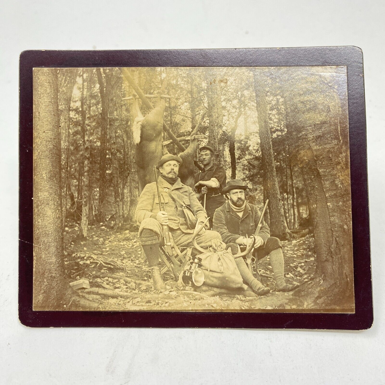 Hunters in woods with dead deer guns smoking pipes amazing cabinet card c1890s