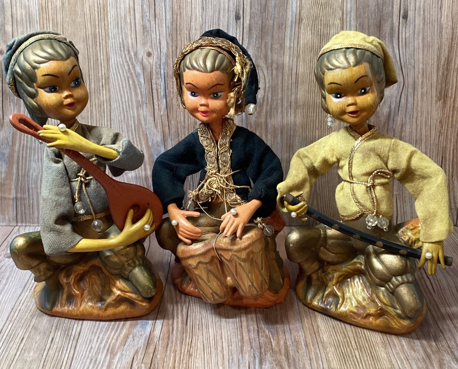 Vintage Tilso Lot Of 3 Golden Fantasy Pixie Elves Instrument Figurines Drum