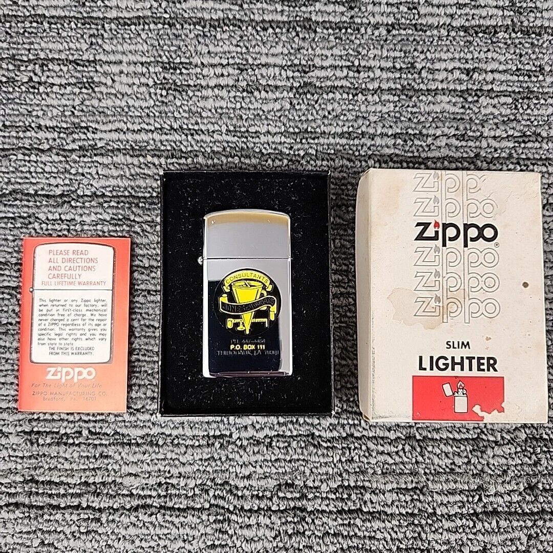 Vtg 1980 Zippo Slim Lighter Unfired with Box Advertising Jones Thibodaux LA 