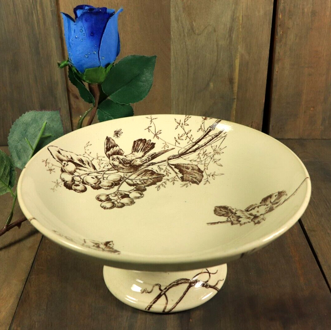 Antique French Compote Footed Bowl Ironstone Brown Transferware Aesthetic Bird