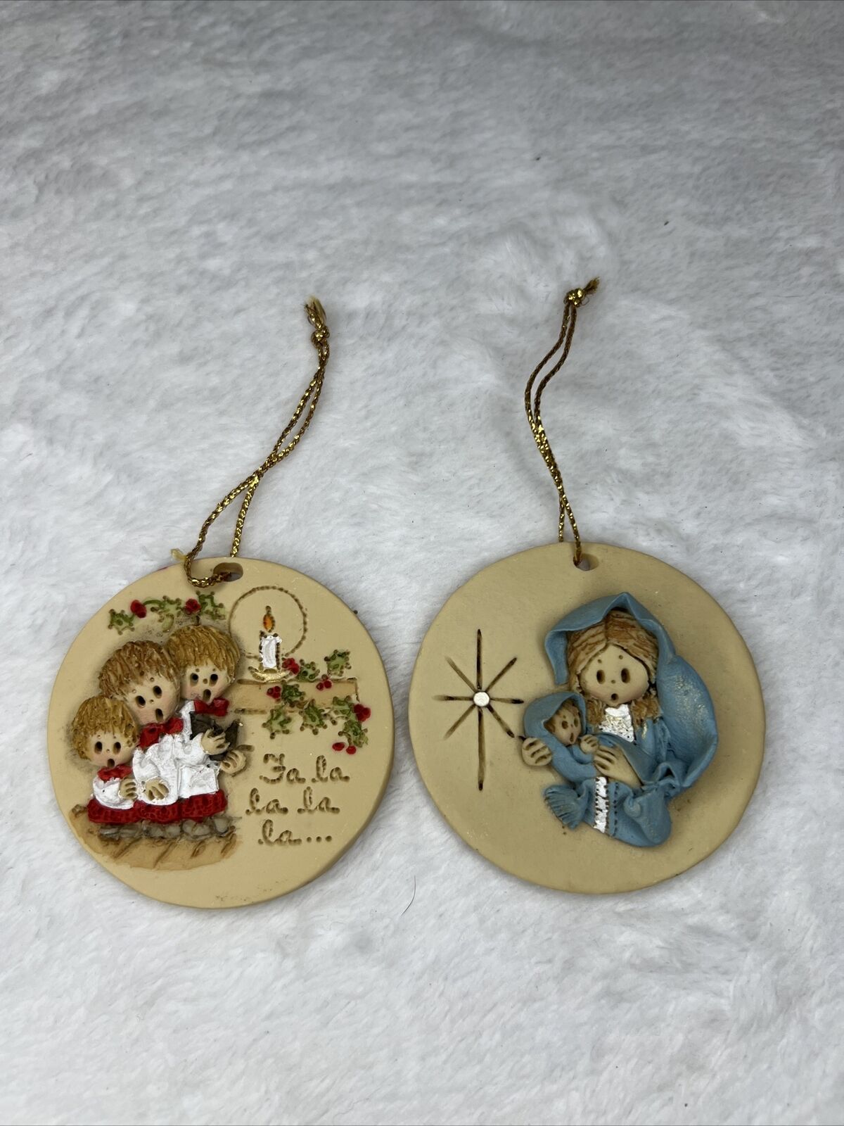 2 Vintage Laberge Christmas Tree Ornament  LaBerge Hand Painted Clay Mary Jesus