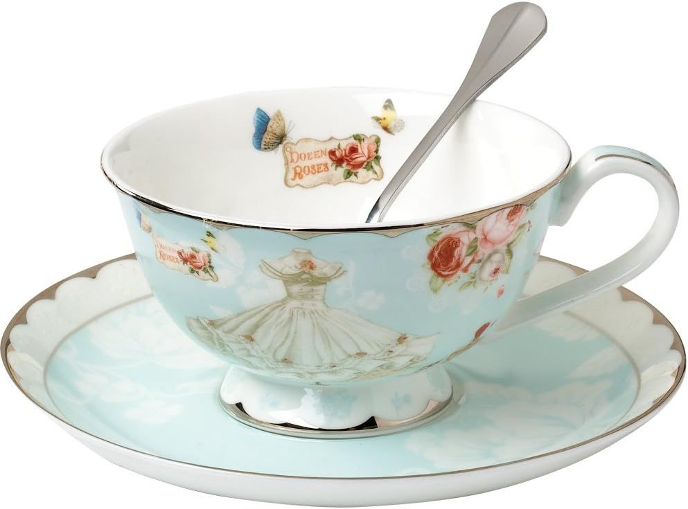AWHOME Teacup and Saucer Spoon Sets Vintage Royal Bone China Select Color 