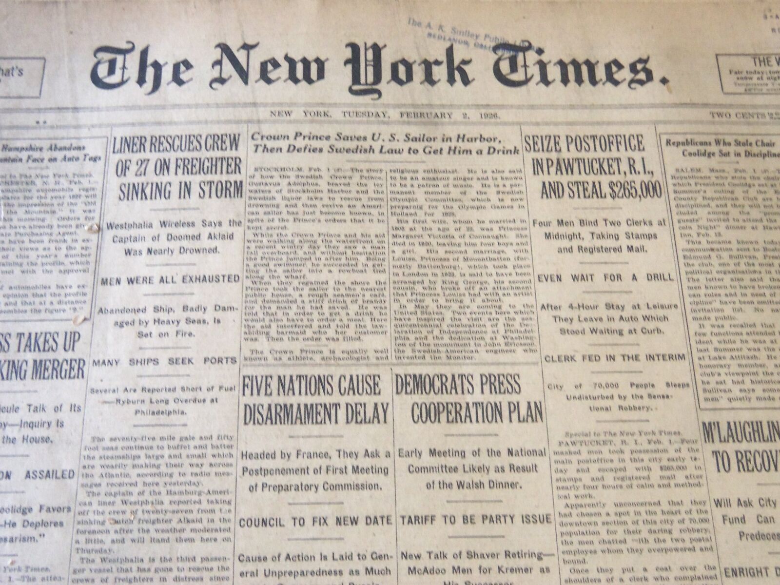 1926 FEB 2 NEW YORK TIMES SEIZE POST OFFICE IN PAWTUCKET & STEAL $265K - NT 6612
