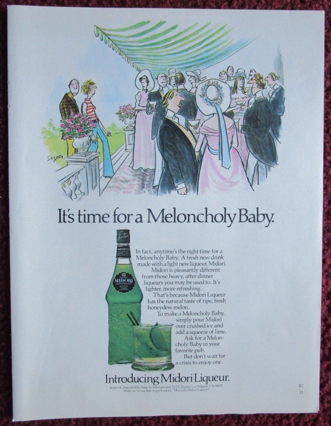 1976 SUNTORY Midori Melon Liqueur Print Ad ~ Melancholy, Baby. Charles Saxon ART