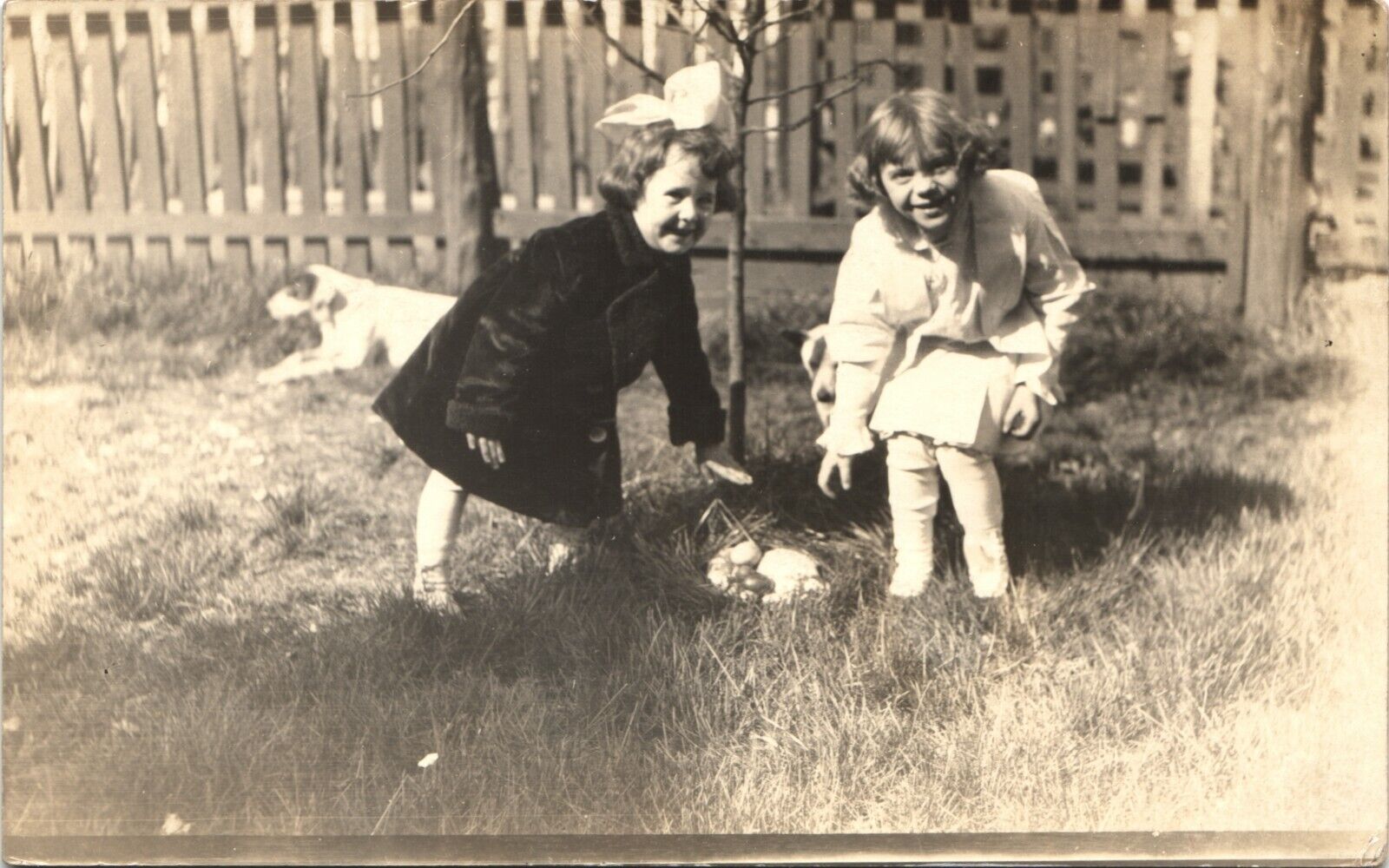 EASTER BASKET antique real photo postcard rppc FARM EGGS c1910 little girls