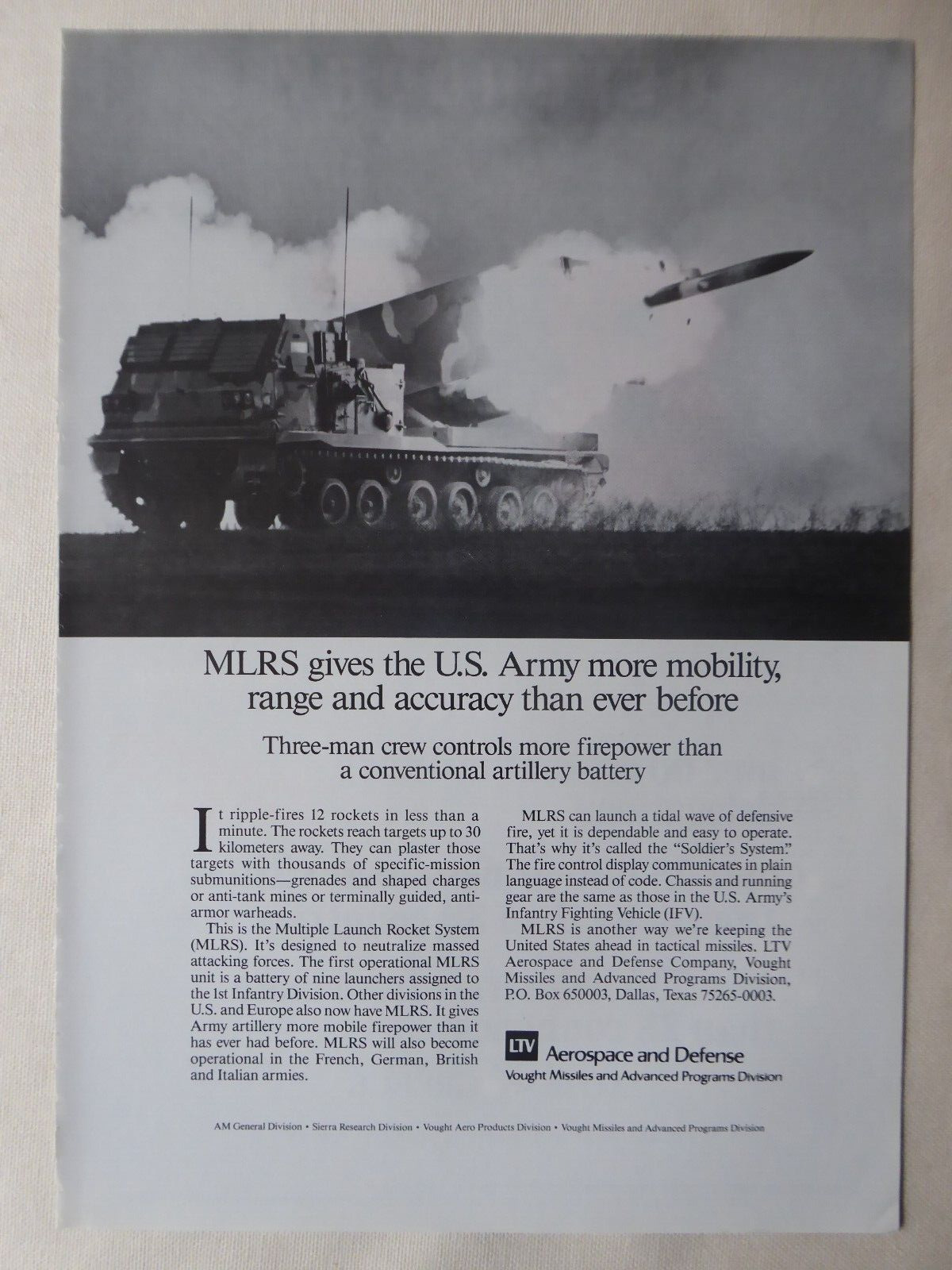 1/1986 PUB LTV VOUGHT US ARMY MLRS ROCKET SYSTEM MILITARY ORIGINAL AD
