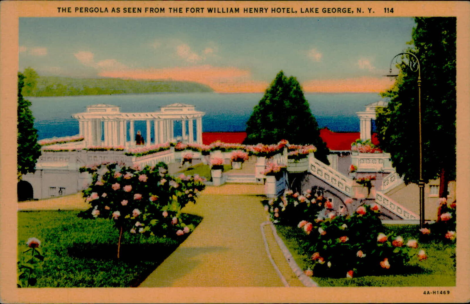 Postcard: THE PERGOLA AS SEEN FROM THE FORT WILLIAM HENRY HOTEL, LAKE