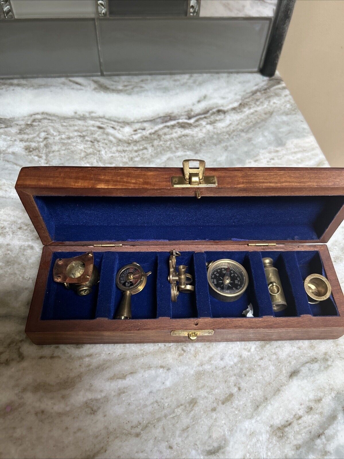 Vintage Nautical Maritime Sold Brass Miniature 6 Pc Set in Collector Wood Box