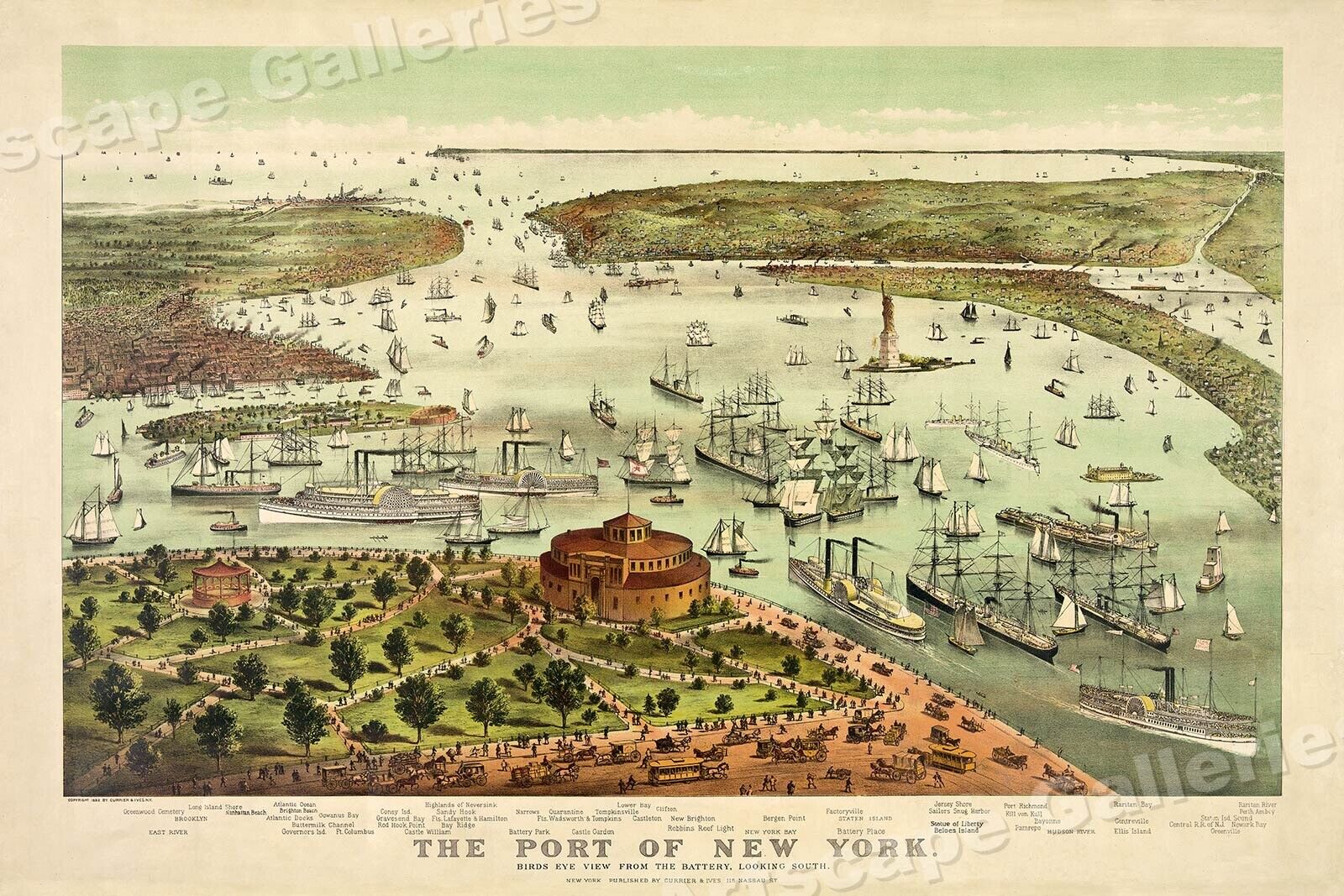 1890s New York City - Port of New York Birds Eye View Map - 16x24