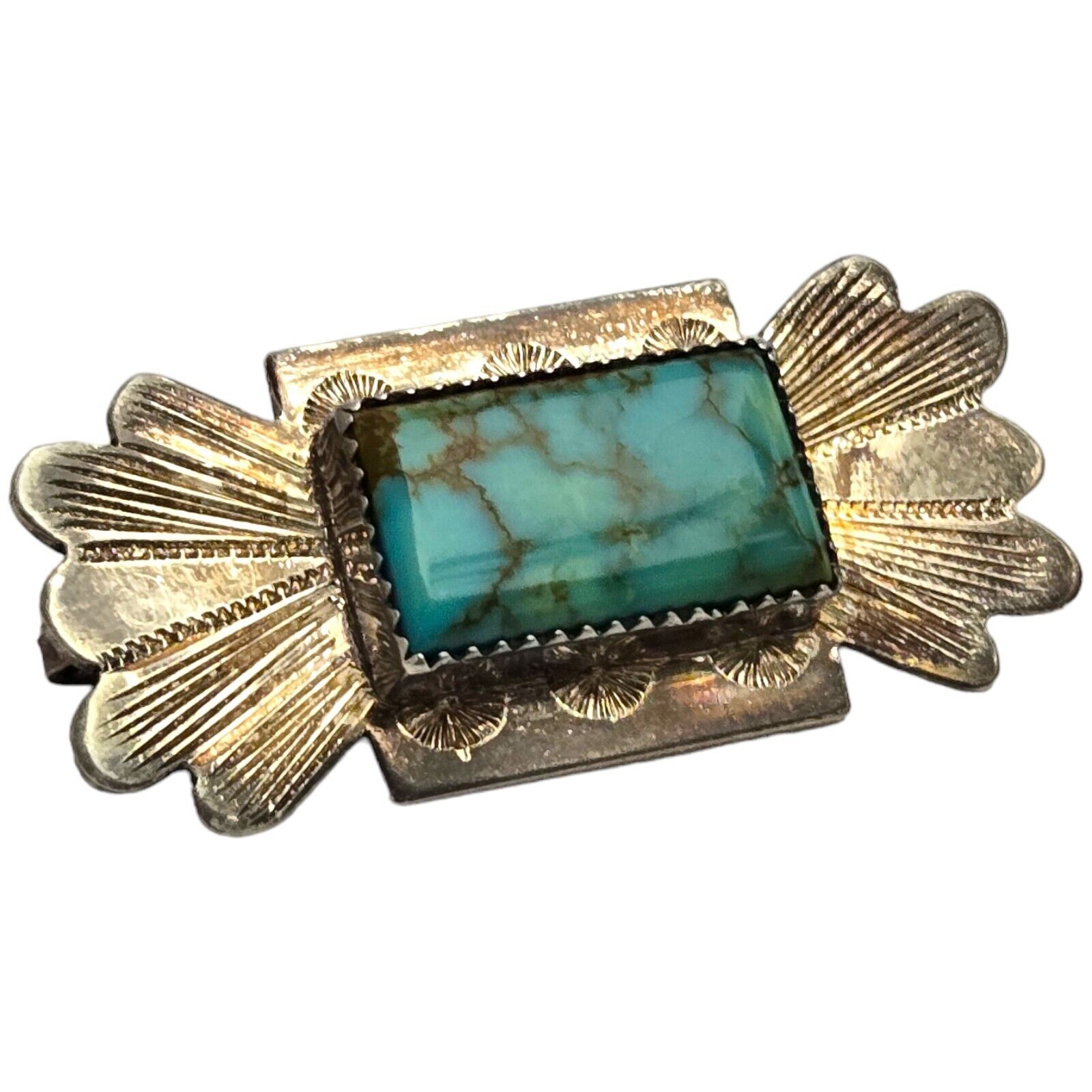 Handwrought Carico Lake Turquoise  Silver Brooch Pendant Navajo 1960s 