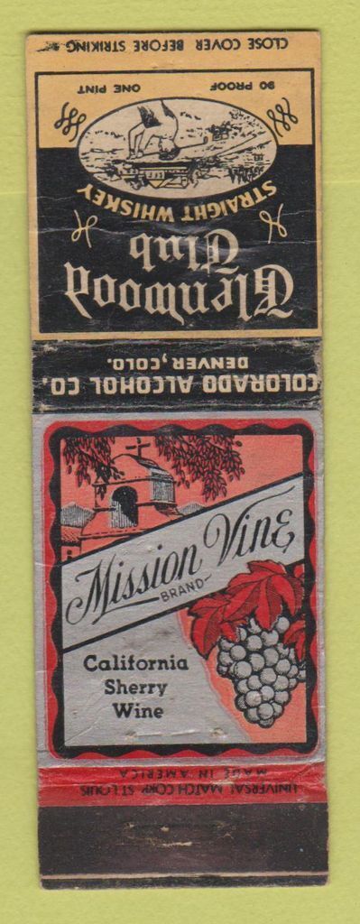 Matchbook Cover - Glenwood Club Whiskey Mission Vine Wine Denver Colorado WORN