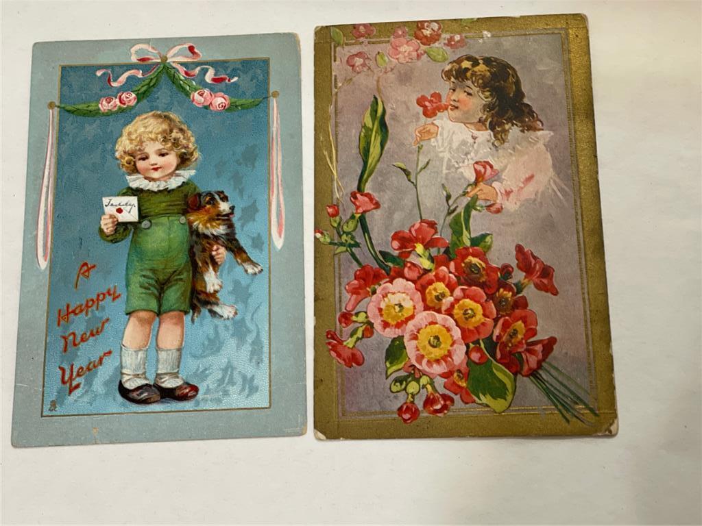 Antique Tucks HAPPY NEW YEAR Postcard Little Boy Puppy Dog + Girl Flowers Lot 2