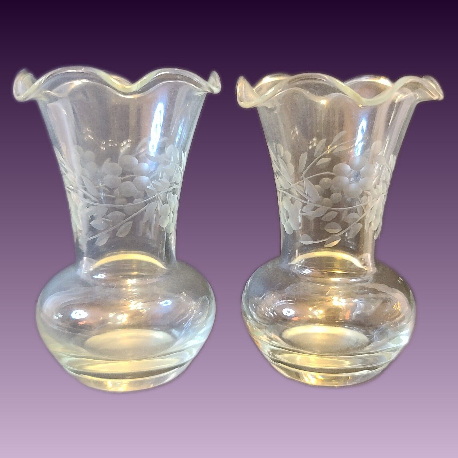 2 Etched Glass Bud Vases Clear Scalloped Rim 3.75\
