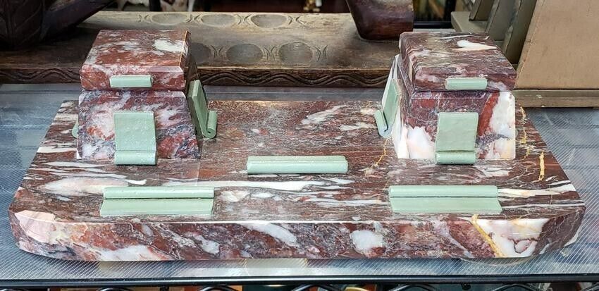 1920\'s French Antique Art Deco Red/ White Marble Double Inkwell