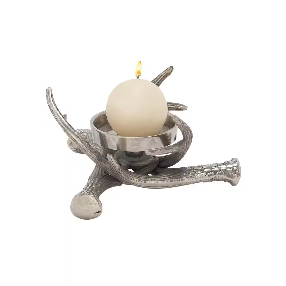 LITTON LANE Candle Holder 4 Inch Crossed Antlers Base Rustic Silver Aluminum New