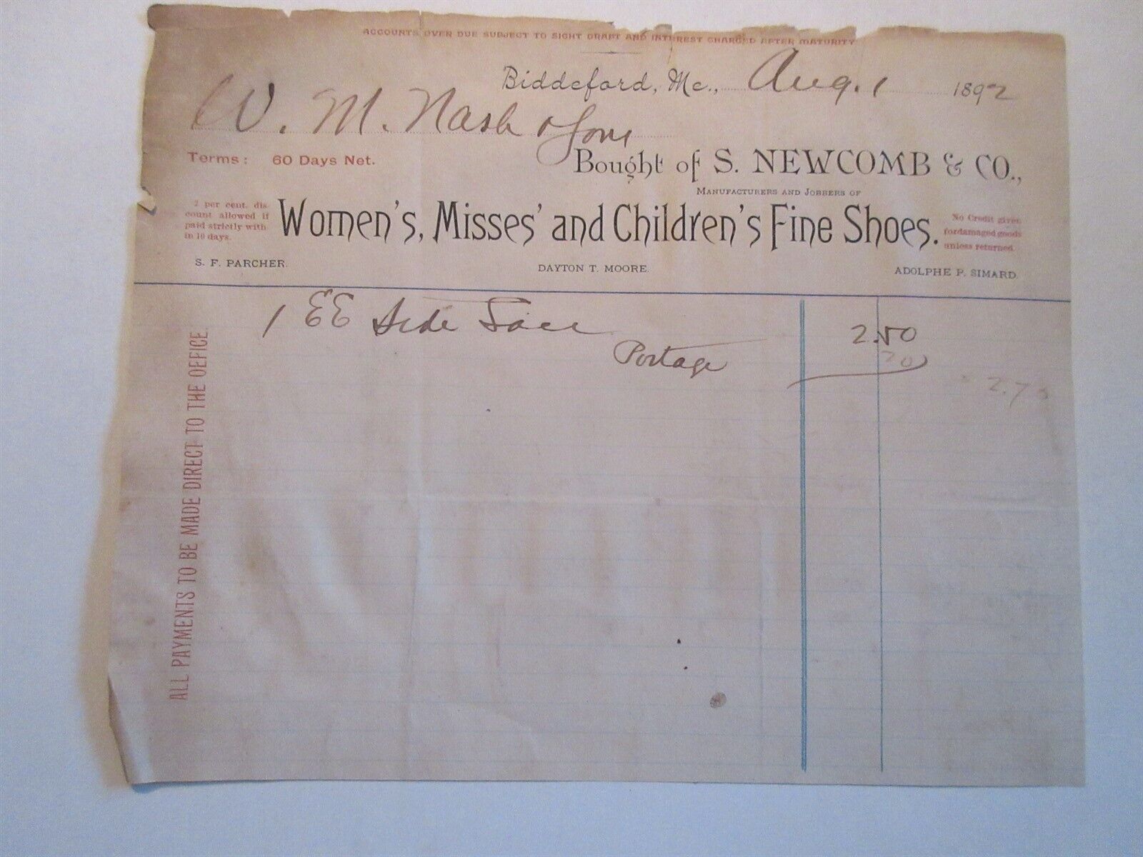 1892 S. Newcomb & Company Invoice Women's Shoes Biddeford, Maine